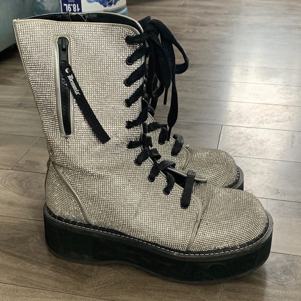 Demonia “Emily-362” Rhinestone/Sparkle Silver and Black Combat Boots